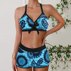 Bikini Set Floral Print Two Piece Swimwear V Neck Bathing Swimsuit