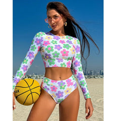 Long Sleeve Swimwear Set Yet Conservative Two-Piece Swim Floral Swimsuit