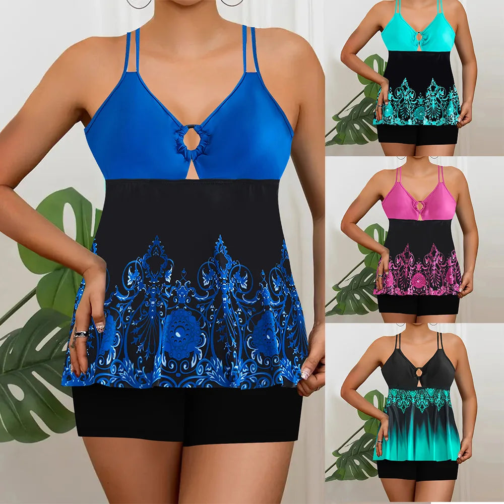 Modest Swimsuit Dress Seted Two Piece Swimwear V Neck Sleeveless Tops Bathing Suit