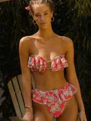 Printed Halter Bikini Set Tie-Front Triangle Top & Bottom Adjustable Swimsuit