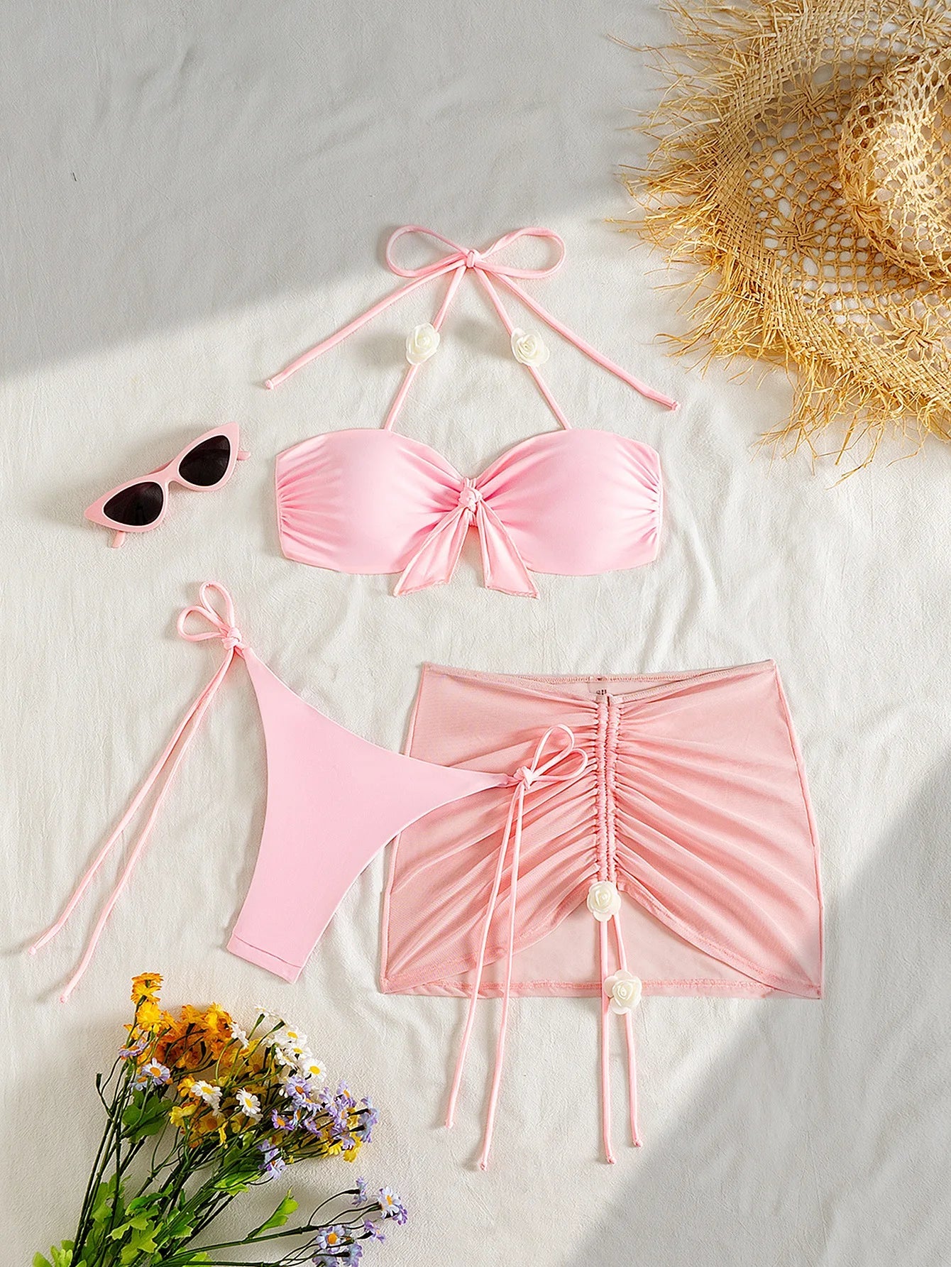 3 Piece Bikini Set Two Piece Swimsuit with Sarong Cover Up Thongs Bandage Suit Pink