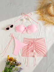 3 Piece Bikini Set Two Piece Swimsuit with Sarong Cover Up Thongs Bandage Suit Pink