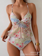 Bikini Set Backless & Bottom Tummy Control Floral Swimsuit V Neck Two Piece Swimsuit