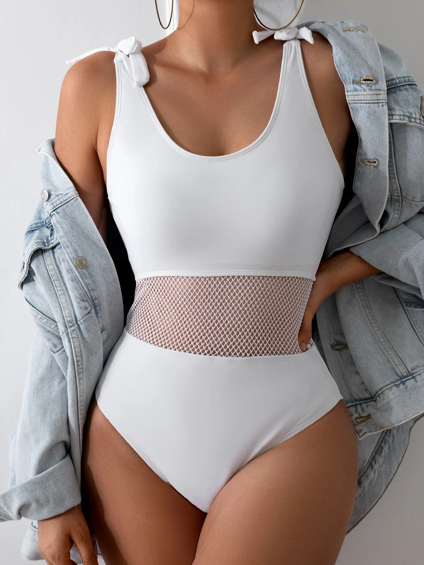 Sheer Mesh One-Piece Swimsuit Cutout with Bikini Style Tummy Control Bathing Suit Solid