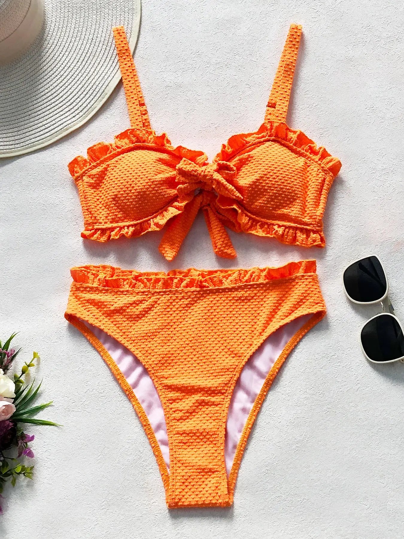 Solid Lace Bandeau Bikini Set Adjustable Tie Bottom Elegant Two Piece Swimwearwear