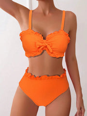 Solid Lace Bandeau Bikini Set Adjustable Tie Bottom Elegant Two Piece Swimwearwear