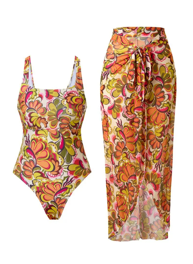 Sunflower Print Dress Swimsuit Strapless One-Piece Swimsuit with Sheer Lace Up Longwear