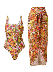 Sunflower Print Dress Swimsuit Strapless One-Piece Swimsuit with Sheer Lace Up Longwear