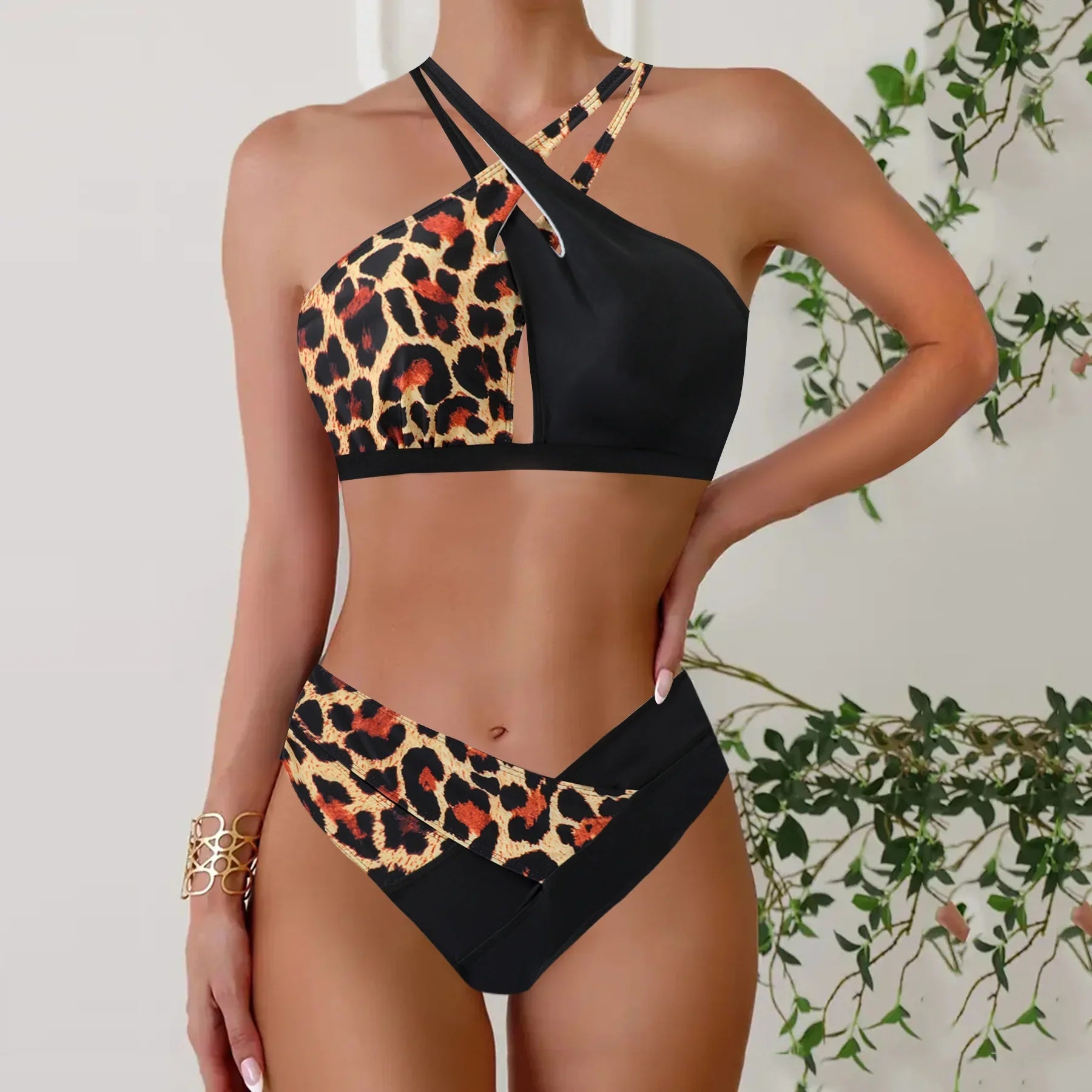 Triangle Bikini Set Halter Tie-Front Swimwear Leopard Swimsuit Bathing Suit