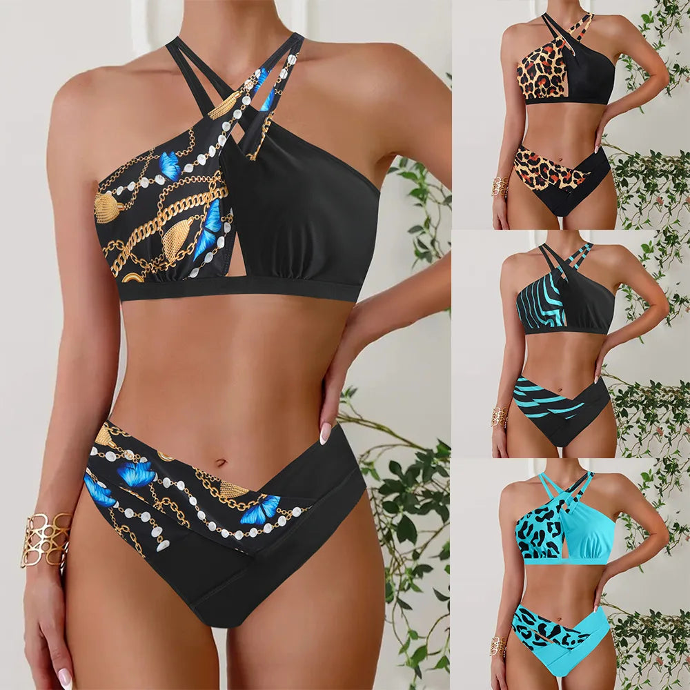 Triangle Bikini Set Halter Tie-Front Swimwear Leopard Swimsuit Bathing Suit