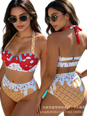 Adjustable String Bikini Set Convertible Invisible Straps Halter Open Back Floral Bikini Set Bathing