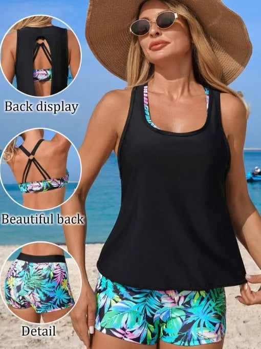 Backless Tankini 3-Piece Set Sleeveless Printed Swimsuit Slimming Tank Top Set Swimwear