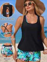 Backless Tankini 3-Piece Set Sleeveless Printed Swimsuit Slimming Tank Top Set Swimwear