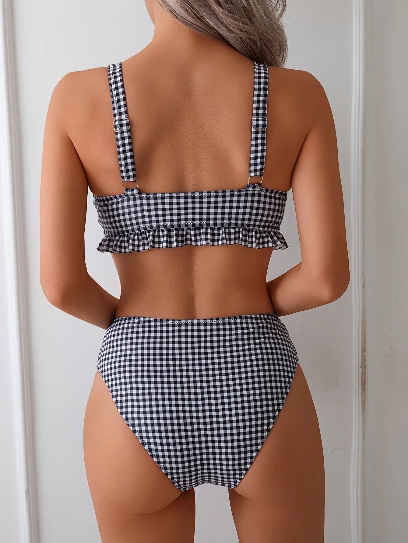 Early Plunge Underwire Bikini Set Gingham Two Piece with Ruffled Straps Swimsuit