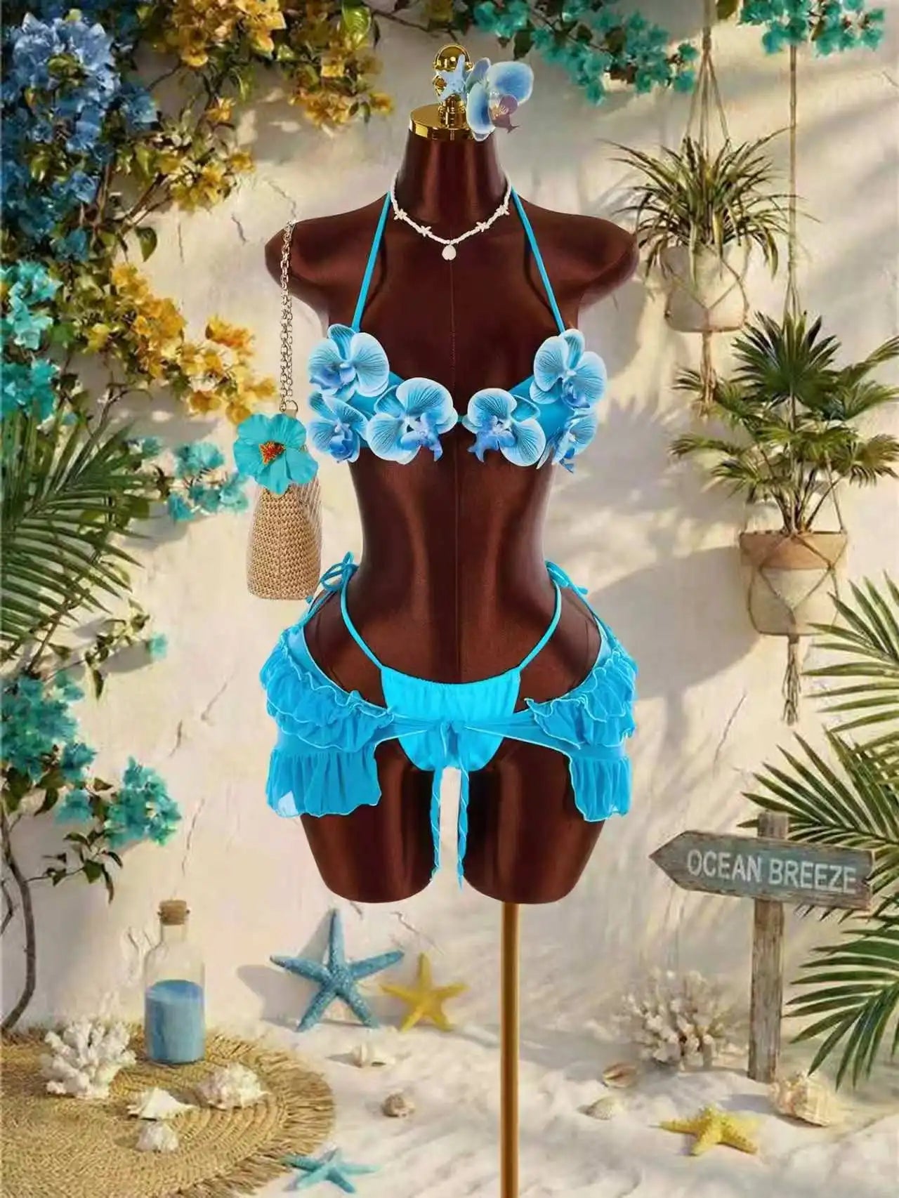 Floral Print Halter 3 Piece Bikini Seted Tummy Control Swimwear Cover Up Set