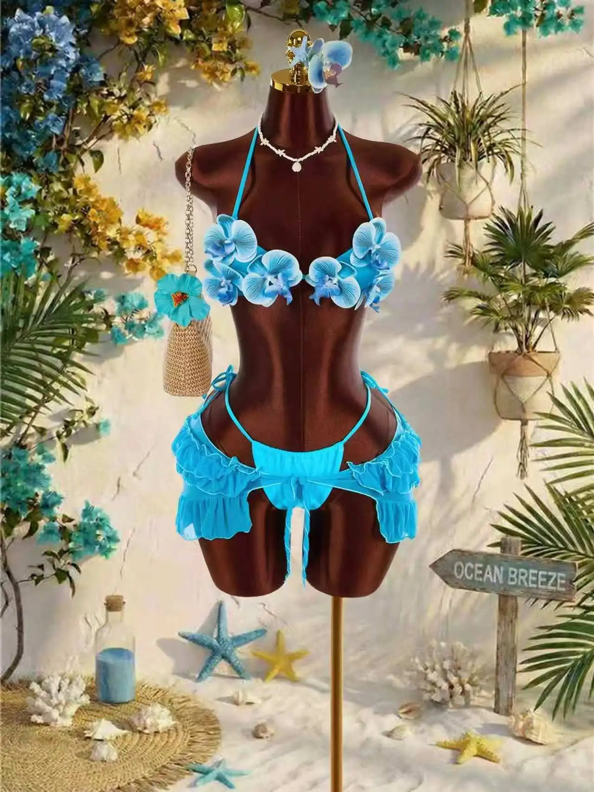 Floral Print Halter 3 Piece Bikini Seted Tummy Control Swimwear Cover Up Set