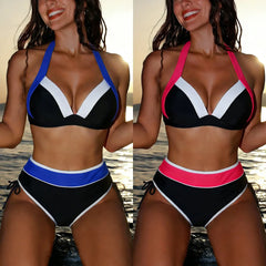 Color Block Bikini Set Sporty Two-Piece Swimsuit Halter Open Back Swimsuit Set