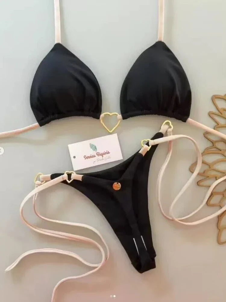 Holiday Solid Color Two-Piece Swimsuit Panties Set 2 piece Set Open Back Thongs Pool Bikini Set