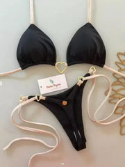 Holiday Solid Color Two-Piece Swimsuit Panties Set 2 piece Set Open Back Thongs Pool Bikini Set
