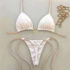Holiday Solid Color Two-Piece Swimsuit Panties Set 2 piece Set Open Back Thongs Pool Bikini Set