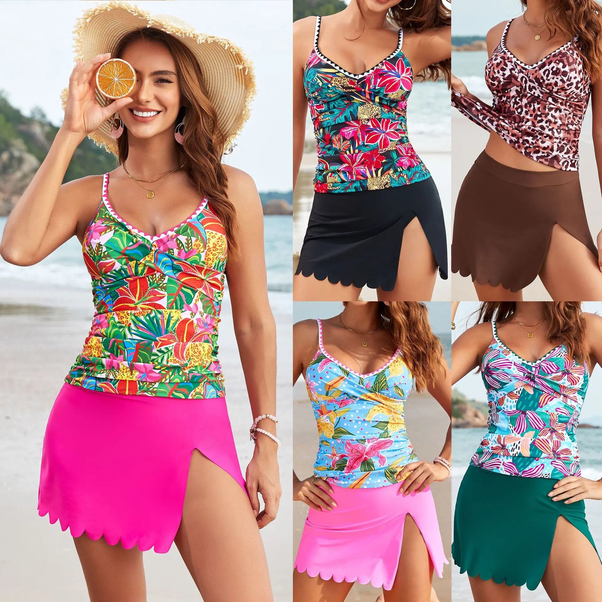 Laser-Cut Ruffle Tankini Dress Floral Cut Out Two Piece High Tech Swimwear High Split Sundress Bikini Tops