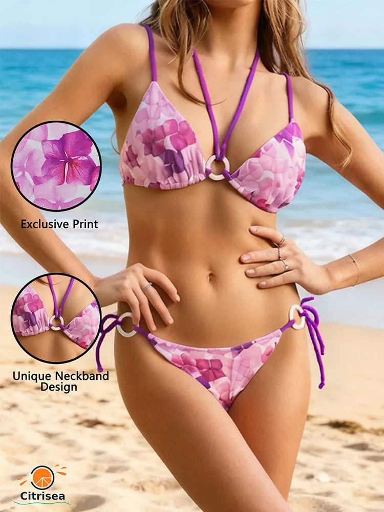 Lavender Floral Bikini Set Unique Ring Strap & Adjustable Ties Y2K Goddess Swimsuit Bandage Bikini Set