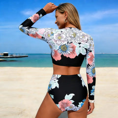 Long Sleeve Bikini Set Active Swimwear Two Piece Swimsuit Black