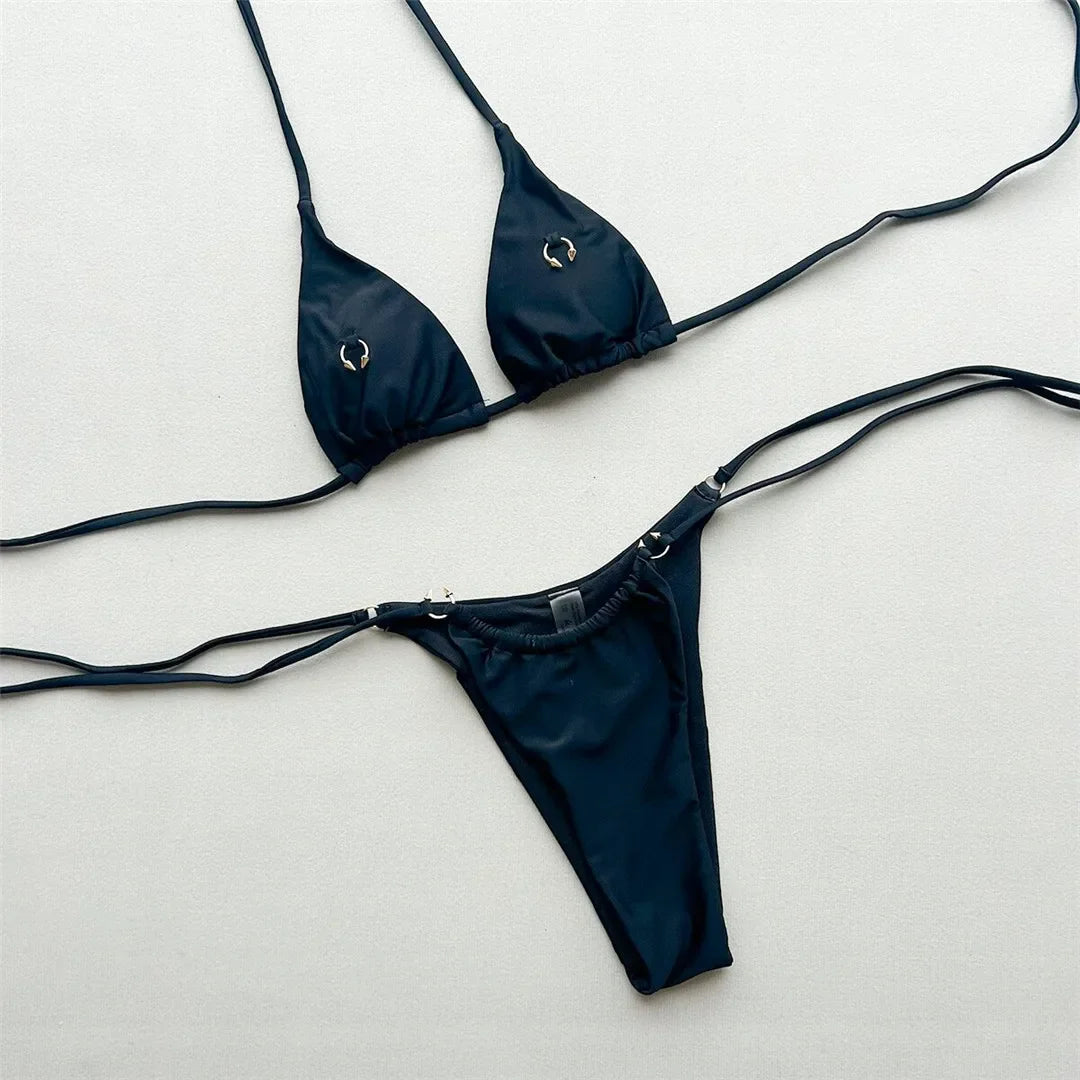 Metal Ring Halter Bikini Strappy Two-pieces Bikini Set