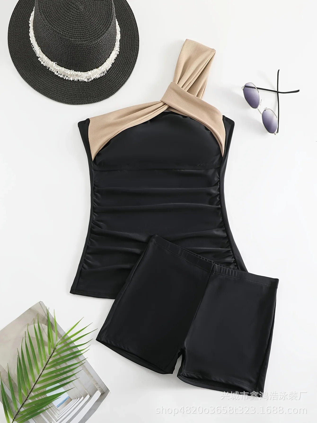 One Shoulder Bikini Set Tummy Control Swimsuit Two Piece with Cover Up for