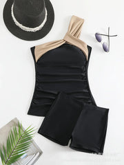 One Shoulder Bikini Set Tummy Control Swimsuit Two Piece with Cover Up for