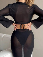 Tummy Control Two Piece Swimsuit 4 Piece Triangle Bikini Set Tie Side Mesh