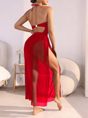 Red Solid Color Swimsuit Set Bandeau Bikini & Bottom Fashion Bathing Suit Sundress