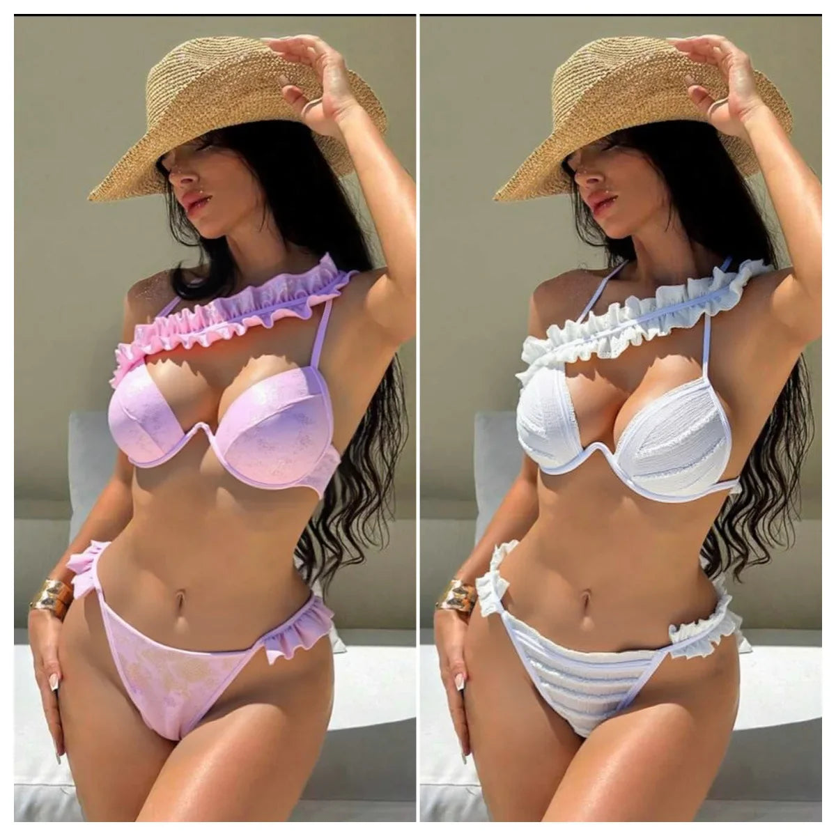 Ruffle Bikini Set Sweet Hard Cup Swimsuit Triangle Bikini One Shoulder Solid Floral Bikini Sets
