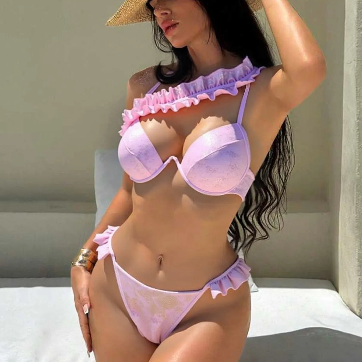 Ruffle Bikini Set Sweet Hard Cup Swimsuit Triangle Bikini One Shoulder Solid Floral Bikini Sets