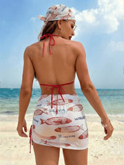4 Piece Bikini Set Triangle Swimsuit with Mesh and Headscarf Swimwear Outfit