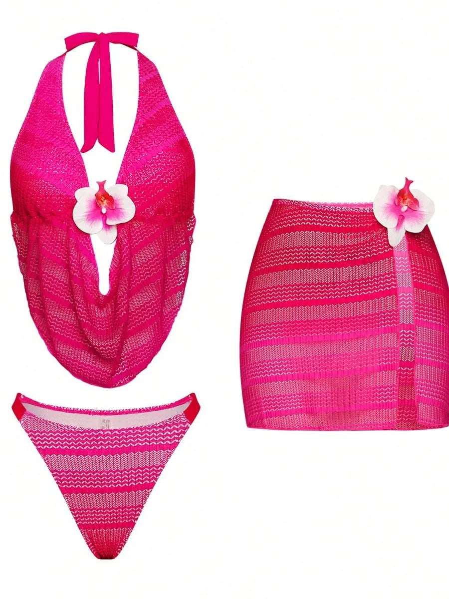 Deep V Bikini Set Two-Piece Swimsuit Swimsuit Pink Three Piece Sets