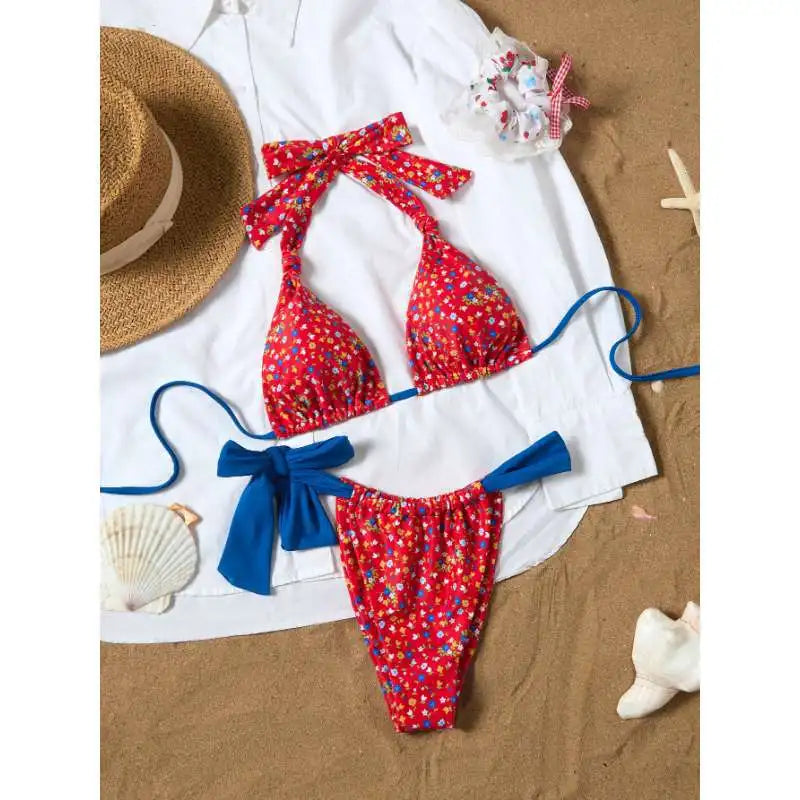 Red Floral Bikini Romantic Bow Tie Front Two Piece Adjustable Swimsuit for