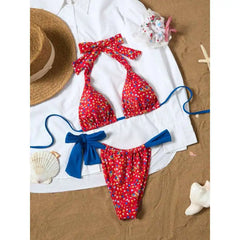 Red Floral Bikini Romantic Bow Tie Front Two Piece Adjustable Swimsuit for