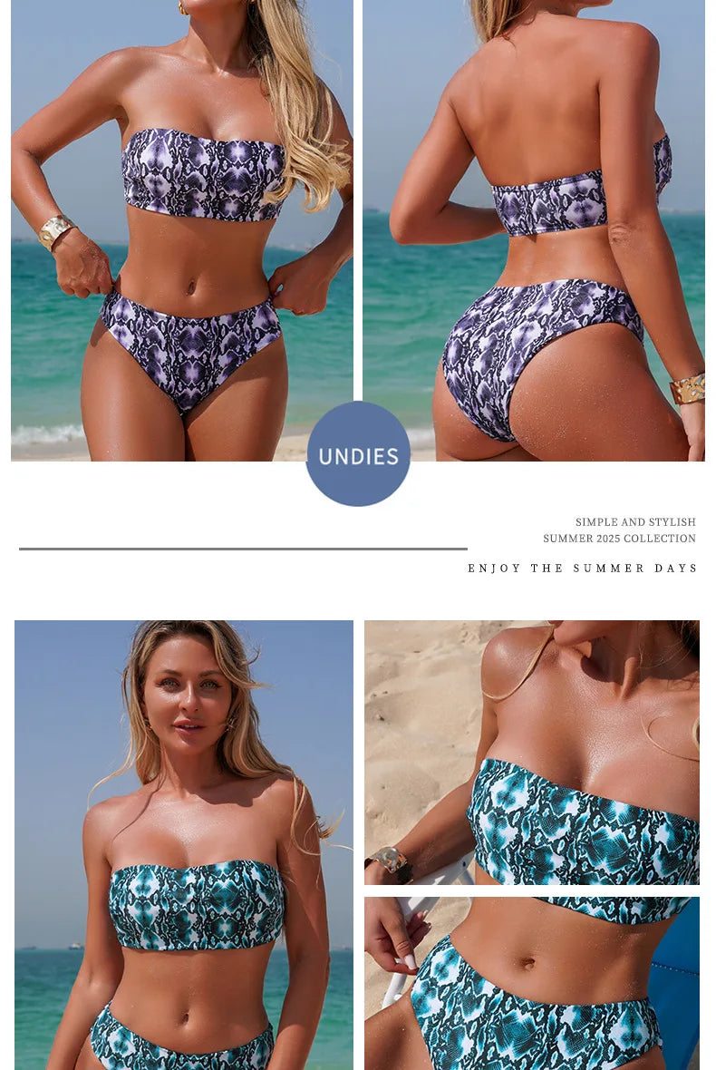 Snake Print Bikini Set Wild & Animal Print High-Waist & Halter Off Shoulder Bikini Set Two Piece Bathing Suit