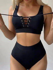 Solid Color Bikini Set Simple Triangle Top & Adjustable Bottom Swimsuit Bandage Panties