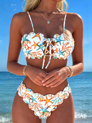 Starfish Print Halter Two Piece Bikini Set Tummy Control String Swimwear Bathing Suit