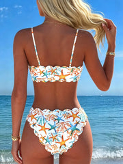 Starfish Print Halter Two Piece Bikini Set Tummy Control String Swimwear Bathing Suit