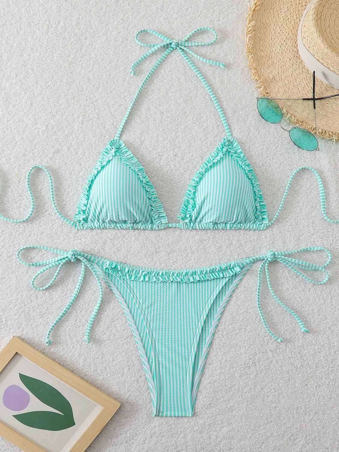 Stripe Bandeau Bikini Set Trendy Triangle Top & Bottom Two Piece for Blue Halter Panties Sets