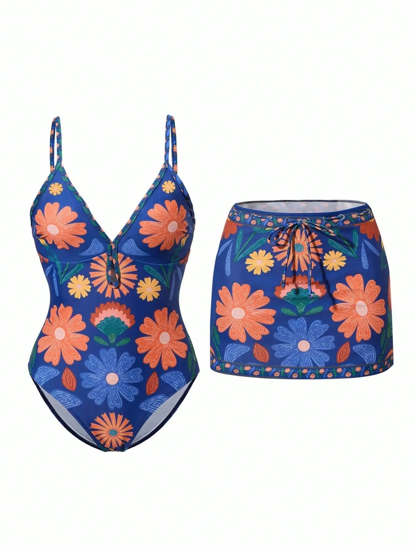 Bohemian Print Swimsuit Flowy Bikini Set with Crochet Cover Up Resort Wear Sets Woman Clothing 2PCS