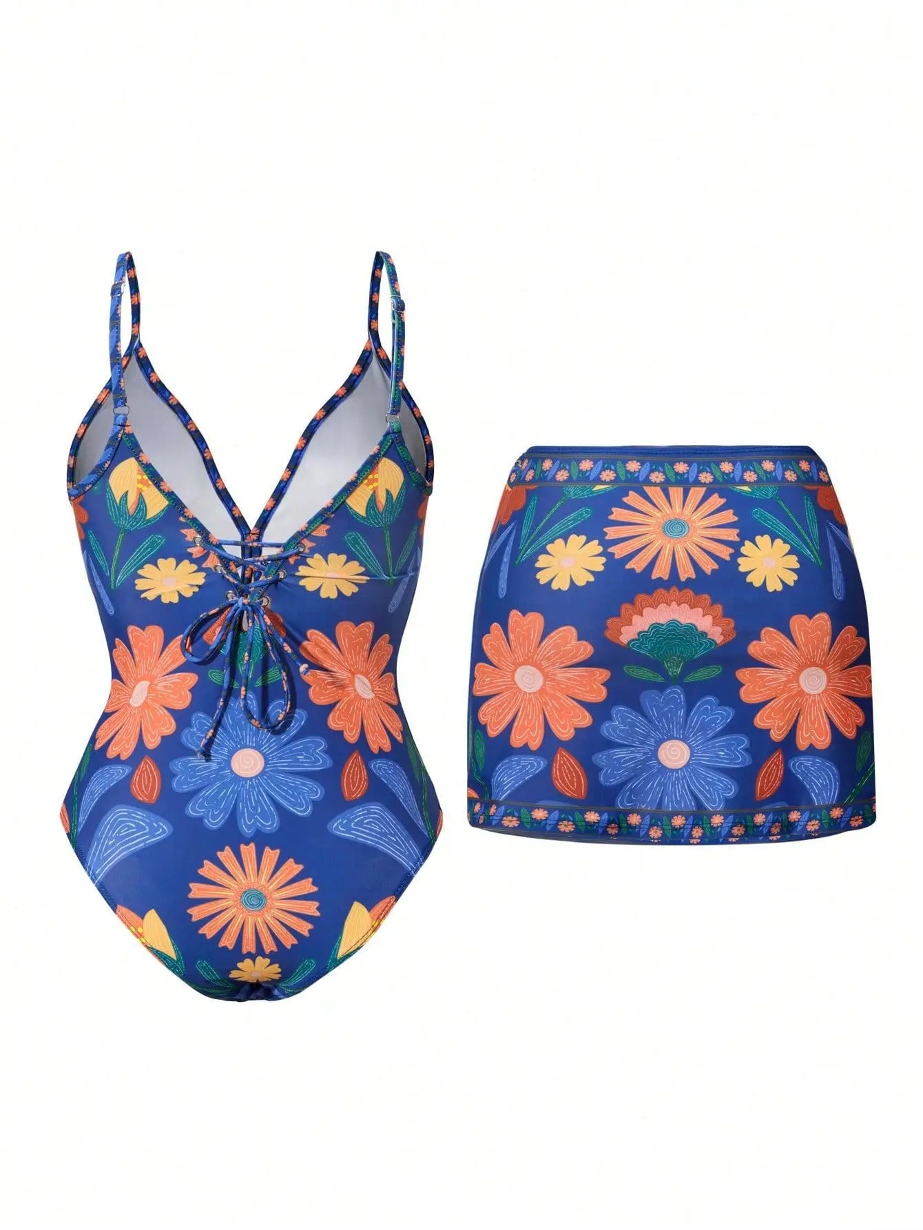Bohemian Print Swimsuit Flowy Bikini Set with Crochet Cover Up Resort Wear Sets Woman Clothing 2PCS