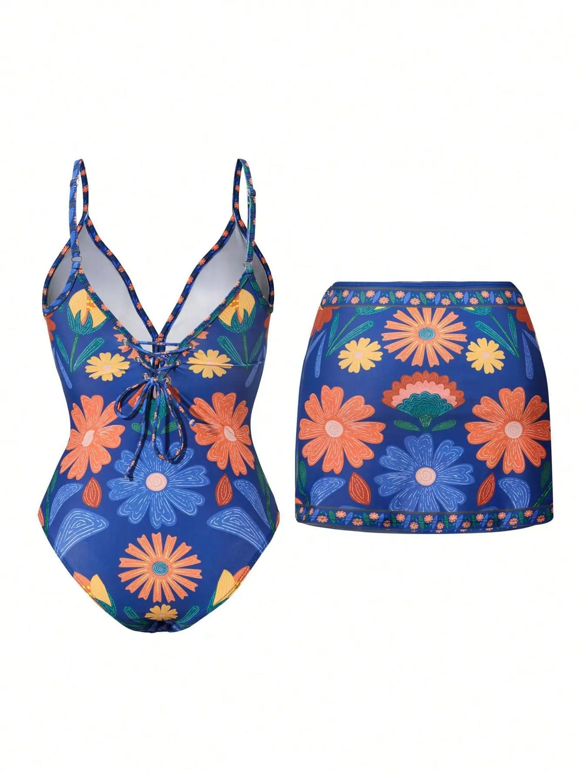 Bohemian Print Swimsuit Flowy Bikini Set with Crochet Cover Up Resort Wear Sets Woman Clothing 2PCS