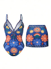 Bohemian Print Swimsuit Flowy Bikini Set with Crochet Cover Up Resort Wear Sets Woman Clothing 2PCS