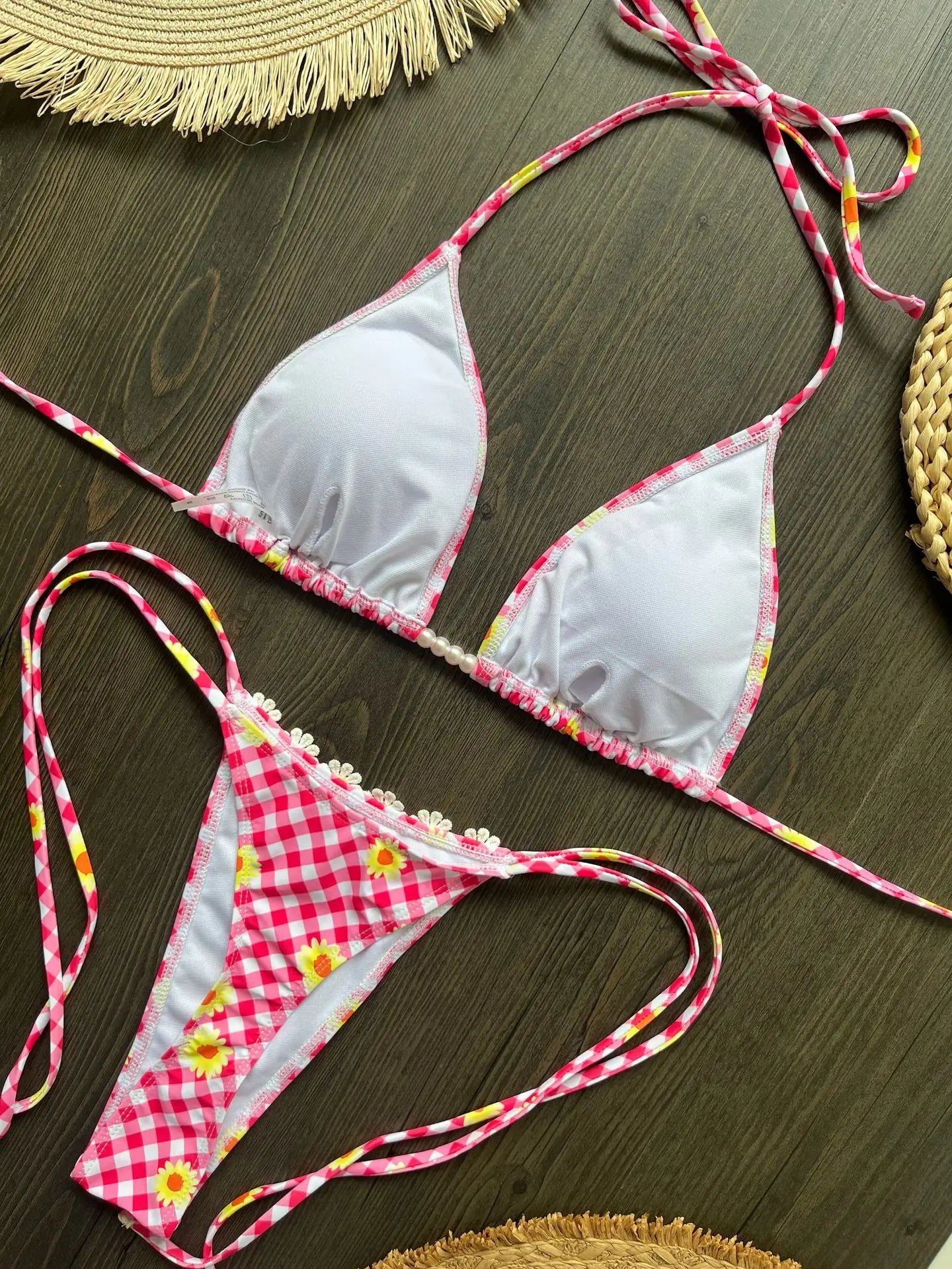 Lace Up Floral Micro Bikini Set Printed Two Piece Swimsuit Halter Thongs Suit Conjunto Feminino