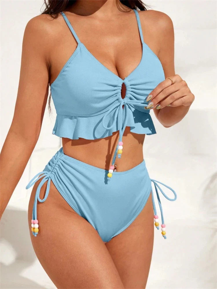 V Neck Solid Lace Bikini Sets Two Piece Swimwear Panties Suit Lingerie Swimsuit