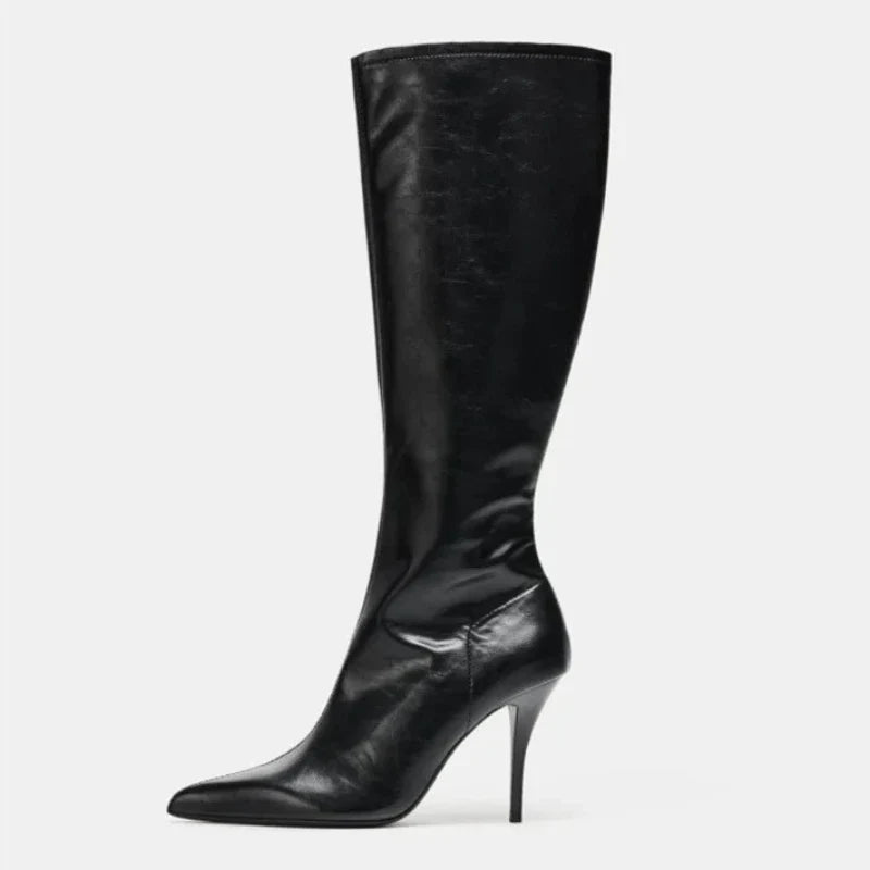 Winter Black Soft Leather Knee Boots